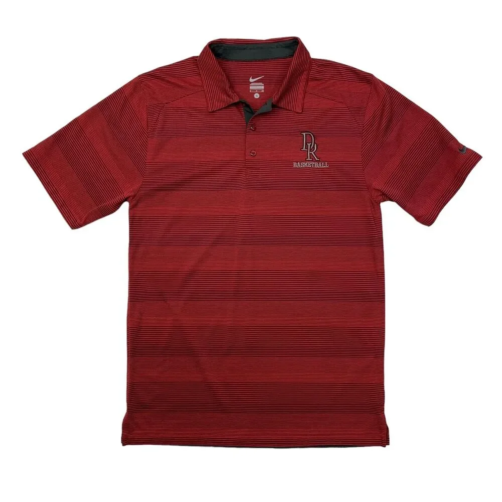 Nike Polo Shirt Mens S Small Red Striped Short Sleeve Dri Fit DR Basketball Logo